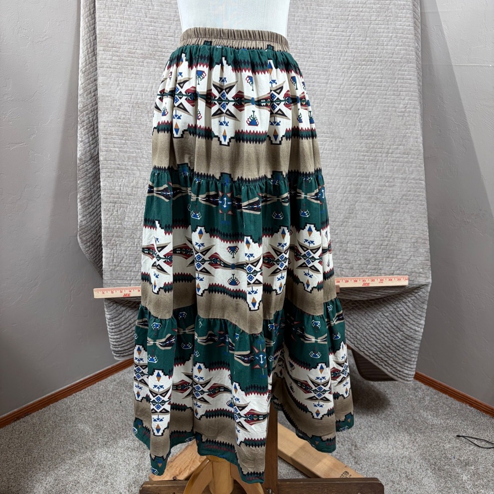Roughrider By Circle T Southwestern Tiered Maxi Skirt Green Cotton Medium USA